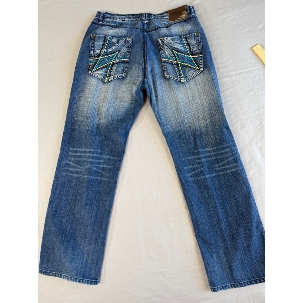 Akademiks Jeans Mens Size 38 Blue Denim Embroidered Baggy‎ (actual 34x31)